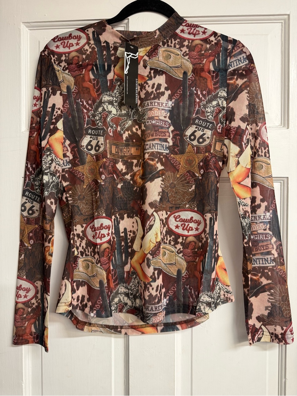 Lucky & Blessed Collage Western Printed Long Sleeve Stretch Mesh Top